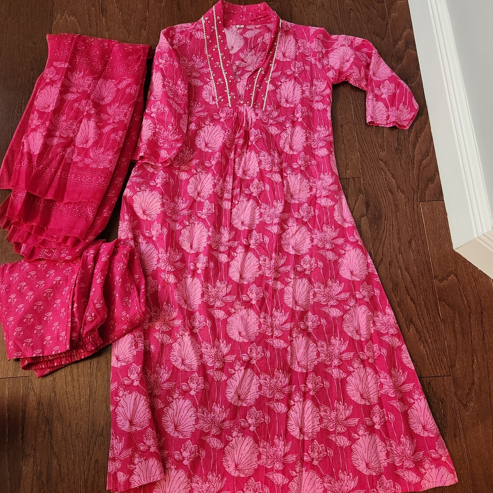 Pink Floral 3 Piece Cotton Khameez Set